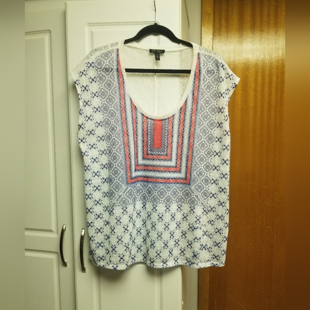 🍁🌺💮Jessica Simpson sleeveless tunic pattern boho top w criss cross open back